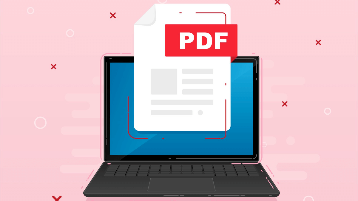 ilustração de um arquivo PDF saindo de um laptop