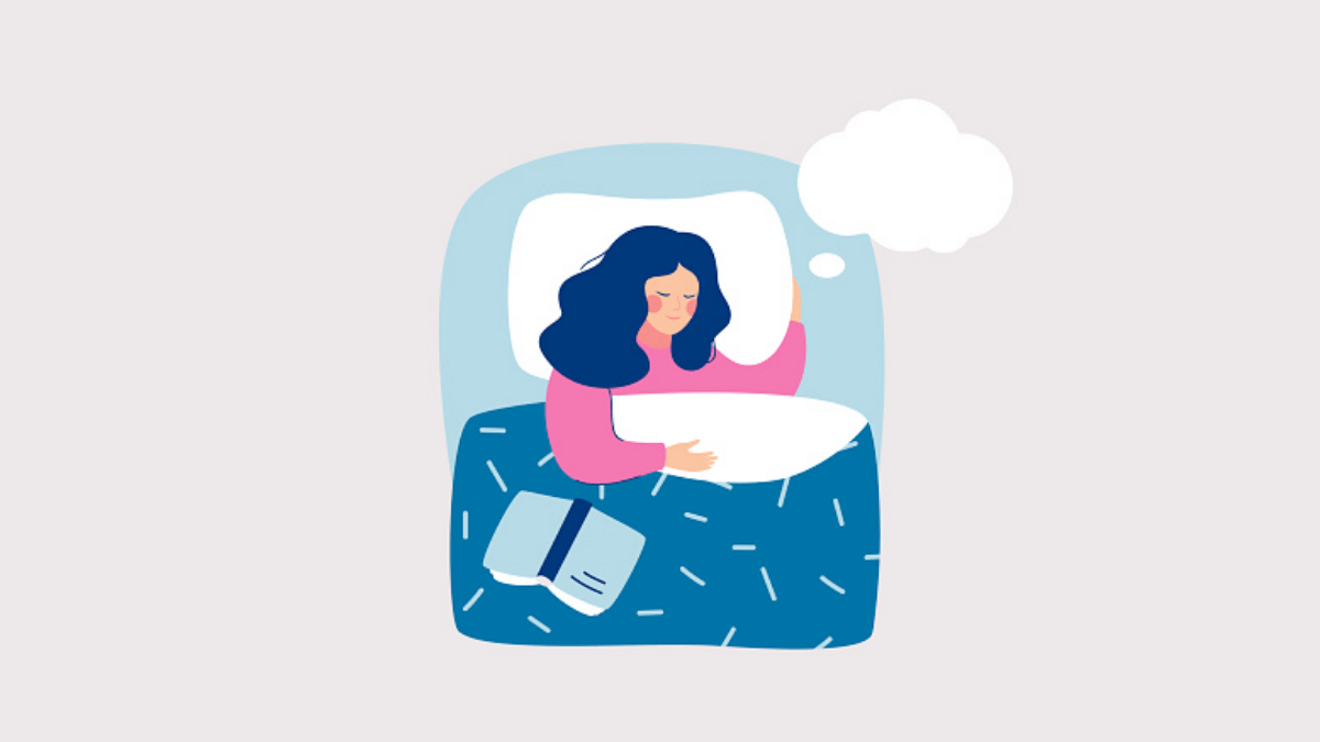 ilustração de menina sonhando com um livro na cama