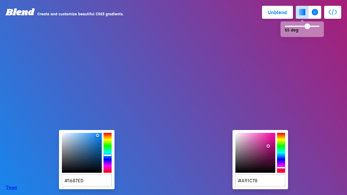 printscreen de paleta de cores gradientes gerada pela ferramenta Blend